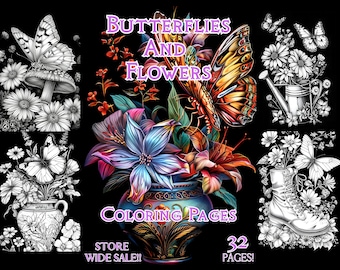 Butterflies and Flowers Coloring Pages: Grayscale Realistic Line Art (PDF Instant Download)