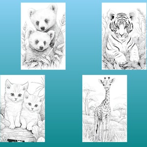 May include: A coloring book page featuring four black and white illustrations of animals: two baby bears, a tiger, and a giraffe.