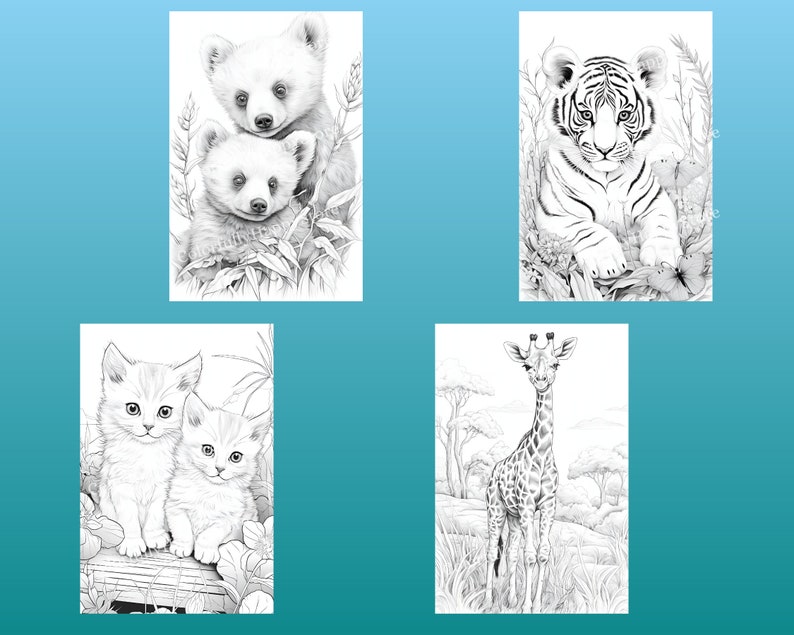 May include: A coloring book page featuring four black and white illustrations of animals: two baby bears, a tiger, and a giraffe.