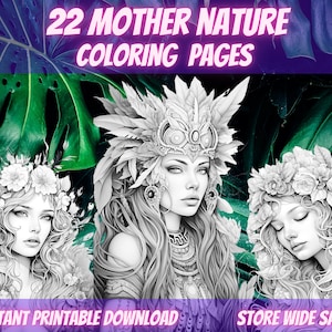 Mother Nature coloring pages, flowers child, adult coloring pages, fantsy princess, grayscale coloring,  greyscale instant download, fairy