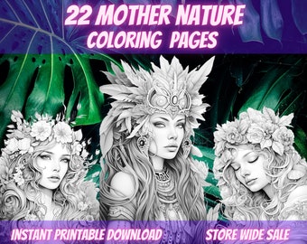 Mother Nature Grayscale Coloring Pages: 22 Fantasy Princess Designs (PDF Download)