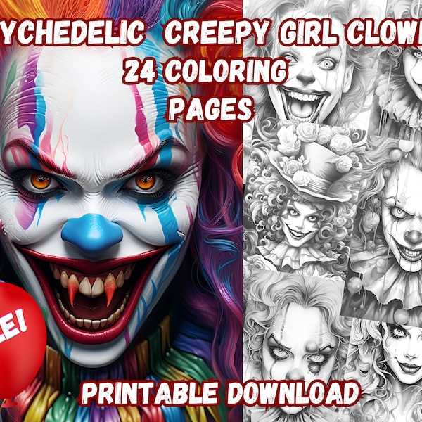 Creepy Girl Clowns, grayscale coloring pages, adult coloring book, horror scary, greyscale realistic,instant digital printable download pdf