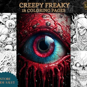 Adult grayscale coloring pages, Creapy Freaky instant printable pdf download coloring book
