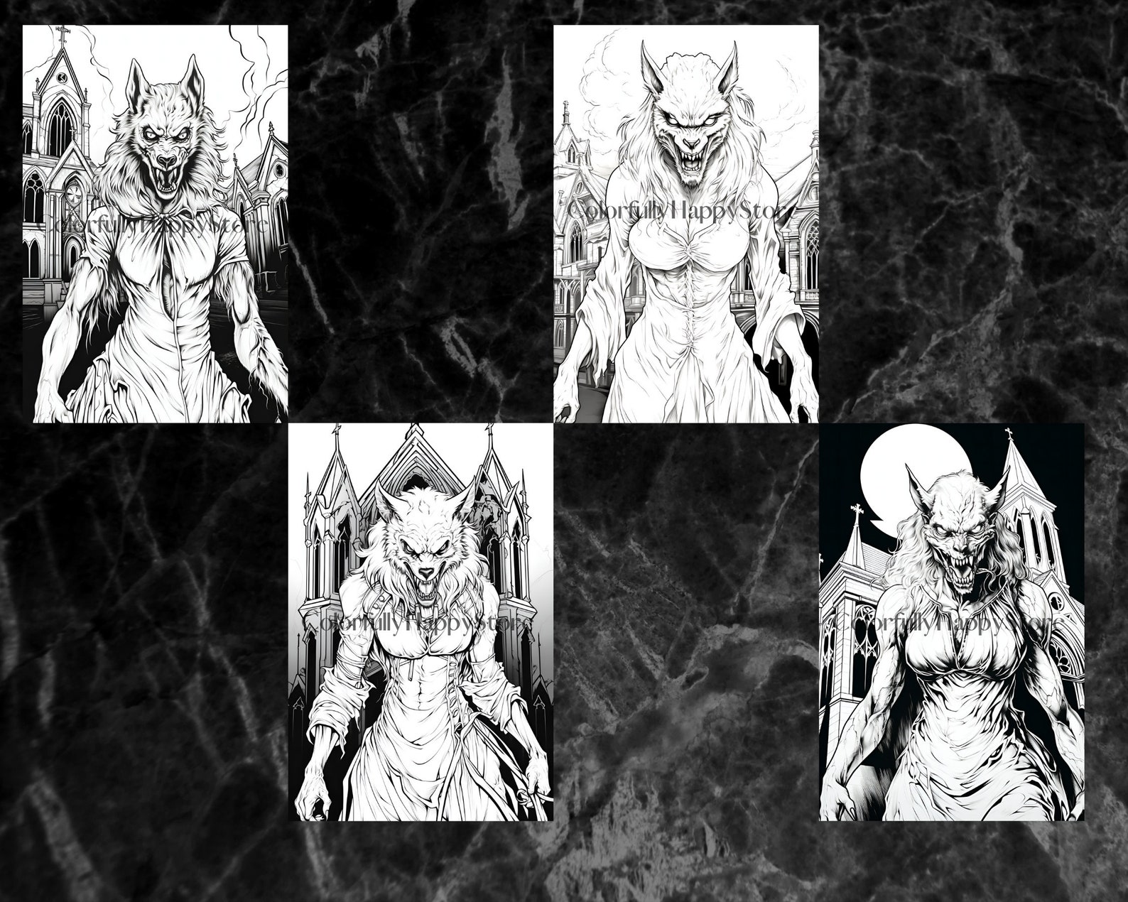 Scary Girl Werewolves, Coloring Pages Adult, Grayscale Coloring Book