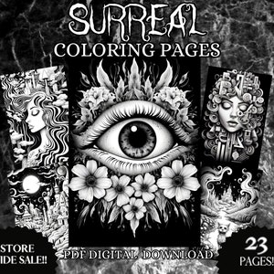 Surreal coloring pages adult grayscale coloring sheets black background dream land mindful patterns instant digital PDF download book