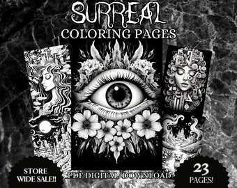 Surreal coloring pages adult grayscale coloring sheets black background dream land mindful patterns instant digital PDF download book