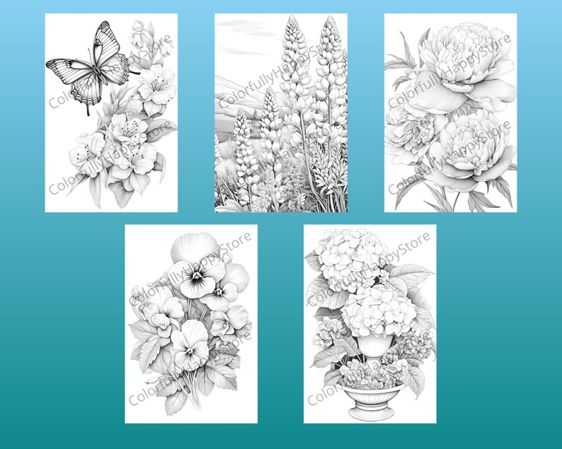 Botanical Coloring Pages, Flowers Grayscale Coloring Book Adult