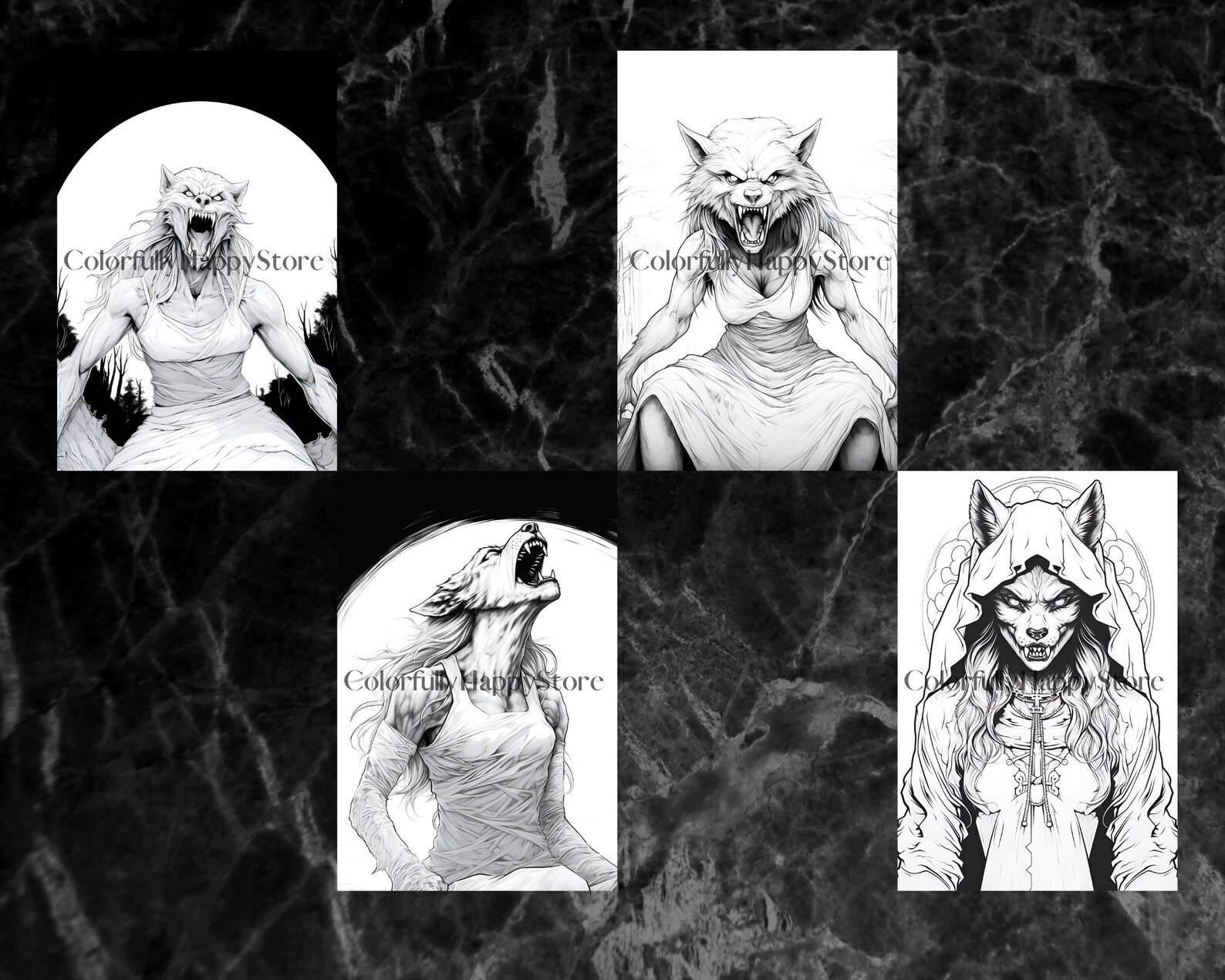 Scary Girl Werewolves, Coloring Pages Adult, Grayscale Coloring Book