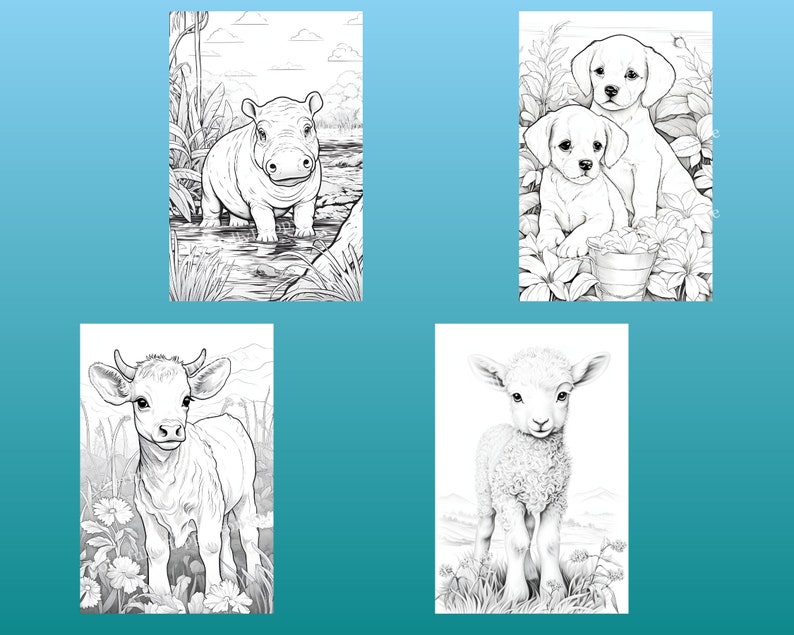 May include: Black and white line art coloring pages featuring a hippopotamus in water, a calf in a field, a lamb in a field, and two puppies in a garden.