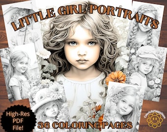 Grayscale coloring pages, Little Girl Portraits, adult coloring, realistic portraits coloring, instant download pdf coloring pages