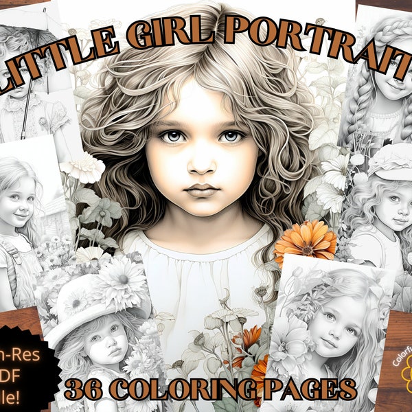 Grayscale coloring pages, Little Girl Portraits, adult coloring, realistic portraits coloring, instant download pdf coloring pages