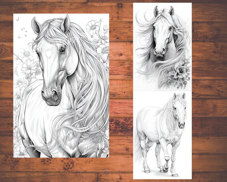 May include: A black and white pencil drawing of a horse's head with flowing mane and flowers in the background.
