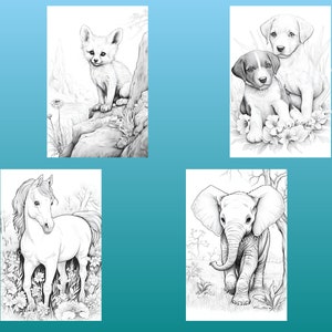 May include: A black and white coloring page featuring four different animals: a fox, two puppies, a horse, and an elephant. The animals are drawn in a realistic style with detailed features.