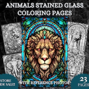 Animals Stained Glass coloring 23 pages Tigers lions coloring book elephants coloring grayscale cats dogs wildlife realisric coloring book