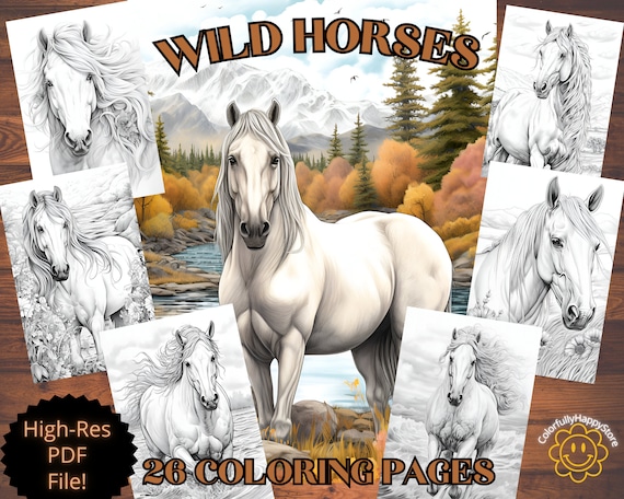 Horses coloring pages, grayscale wildlife coloring book, realistic animals, line art, adult coloring, stress-relieving, instant download