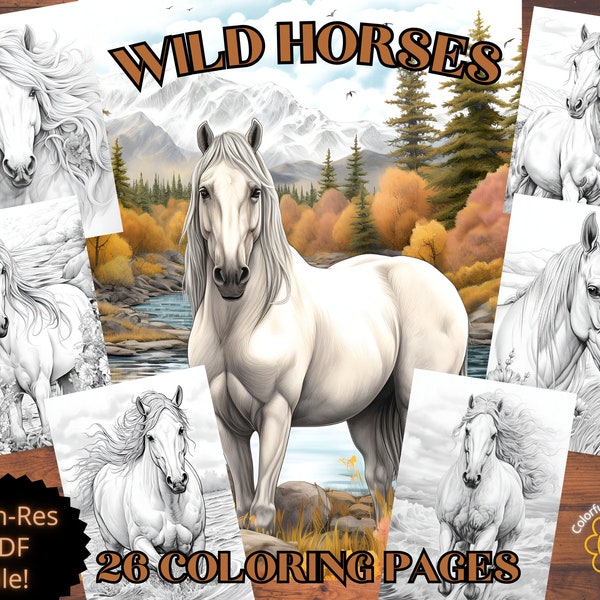 Horses coloring pages, grayscale wildlife coloring book, realistic animals, line art, adult coloring, stress-relieving, instant download