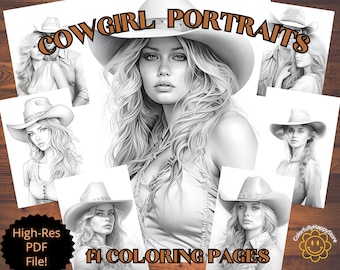 Adult coloring pages, grayscale coloring book, cowgirl portraits coloring, realistic line art, cowboy coloring page, Printable download