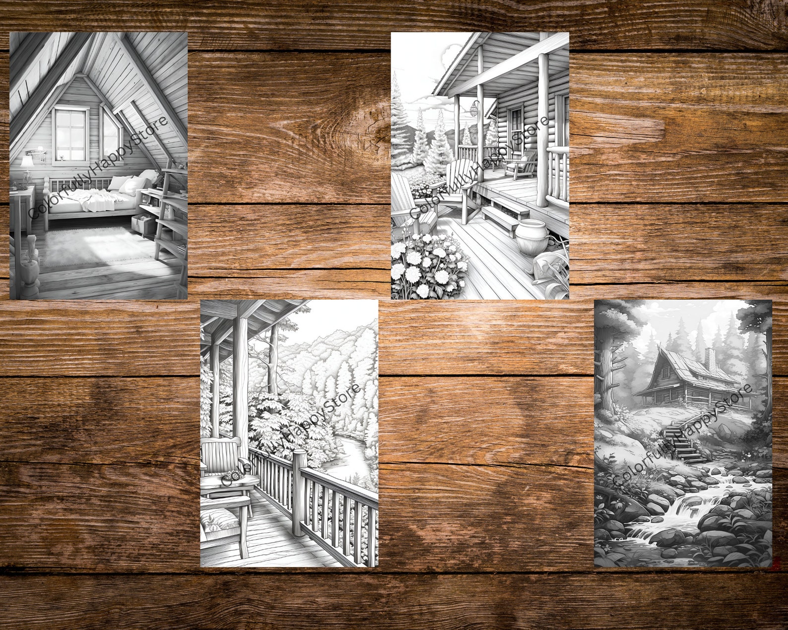 Adult Coloring Pages, Cozy,log Cabins Grayscale Coloring Book ...