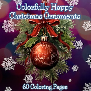 May include: A red Christmas ornament with a white swirl design hangs from a green wreath with a red bow. The background is a purple gradient with white snowflakes. The text "Colorfully Happy Christmas Ornaments" and "60 Coloring Pages" is visible.