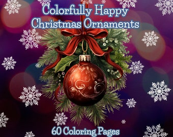 60 coloring pages-Colorfully Happy Christmas Ornaments, grayscale line art, adult coloring books, Pdf instant download