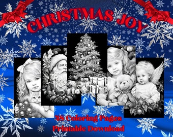 Christmas Grayscale Coloring Pages: Angels, Portraits, Animals (PDF Download)
