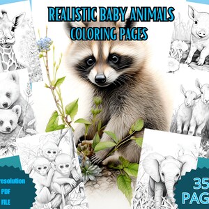 May include: A set of 35 black and white coloring pages featuring realistic baby animals. The pages include a baby giraffe, raccoon, pig, goats, monkeys, and an elephant. The pages are high-resolution PDF files.