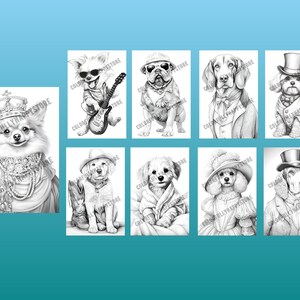 Puede incluir: Un conjunto de ocho ilustraciones en blanco y negro de perros vestidos con diferentes atuendos. Los perros llevan sombreros, gafas de sol y joyas. Las ilustraciones son de estilo de dibujos animados.