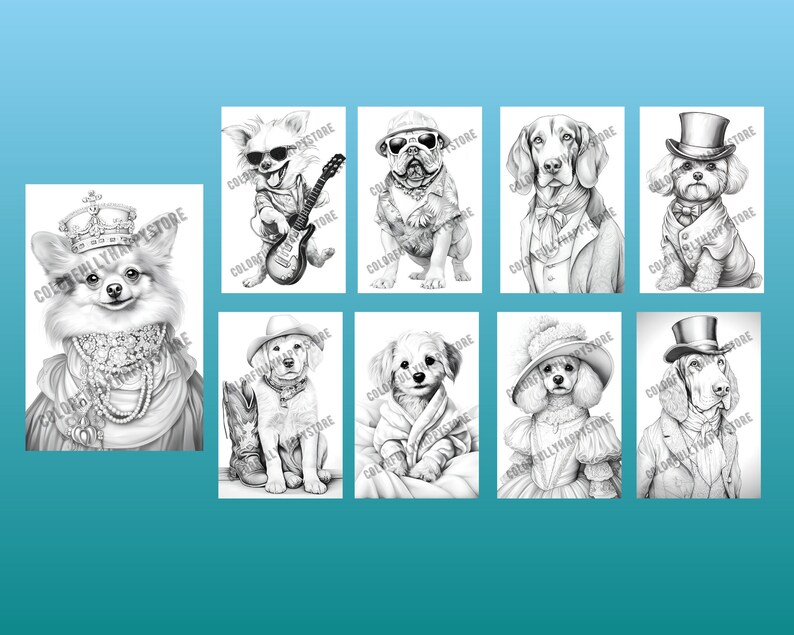 Puede incluir: Un conjunto de ocho ilustraciones en blanco y negro de perros vestidos con diferentes atuendos. Los perros llevan sombreros, gafas de sol y joyas. Las ilustraciones son de estilo de dibujos animados.