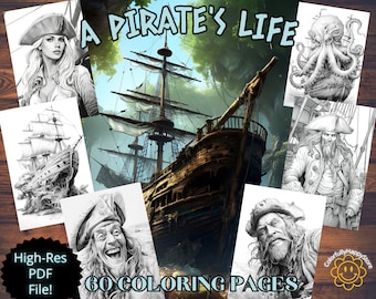 Pirate's Life Coloring Pages: Grayscale Fantasy Art (PDF Download)