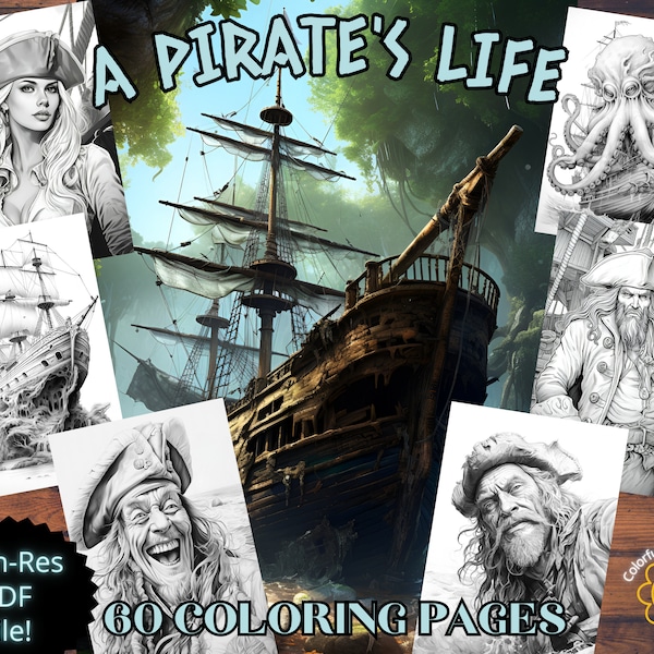 Adult coloring pages A Pirate's Life Grayscale Coloring sheets line art coloring book fantasy Instant digital PDF download detailed