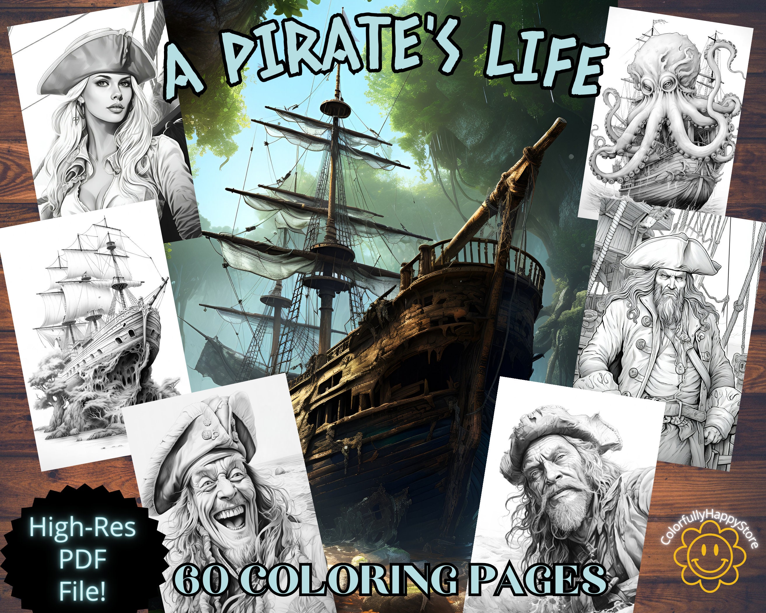 Adult Coloring Pages A Pirate's Life Grayscale Coloring Sheets Line Art Coloring Book Fantasy ...
