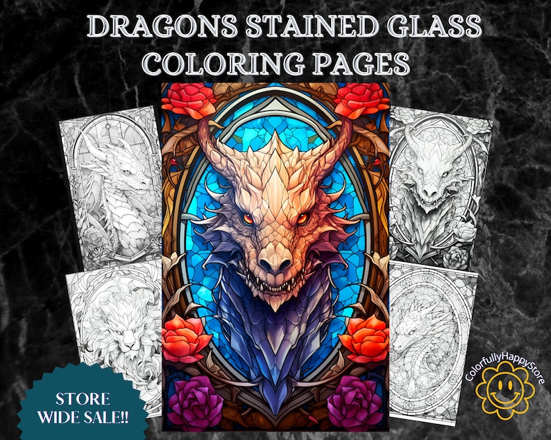 Dragons Stained Glass Coloring Adult Coloring Pages Fantasy Etsy