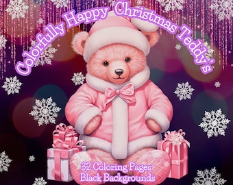 32 grayscale coloring pages, Christmas Teddy's adult coloring, black background, midnight, realistic line art,  pdf instant download