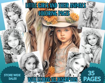 Girls Animals coloring pages for adults and kids coloring book realistic life like portraits grayscale coloring puppies digitsl download