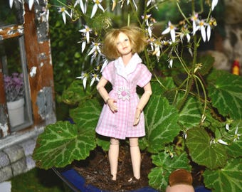 May include: A doll in a pink and white checkered dress with a white collar and a flower accent stands in front of green foliage and white flowers. The doll has blonde hair and is posed outdoors.