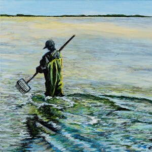 May include: A person in a yellow raincoat and a hat walks through shallow water with a rake in hand. The water is a light blue and green color, and the sky is a light blue.
