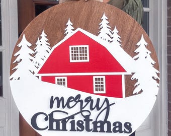 Farmhouse Christmas Door Hanger | Rustic Barn Christmas Front Door Decor | Woodland them Door Hanger | Christmas Wreath