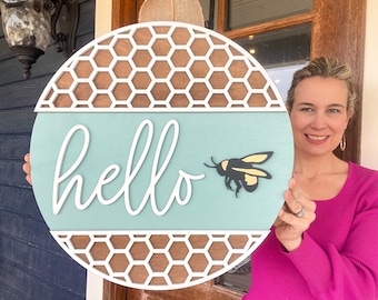 Hello Door Hanger | Bee Front Door Decor | Front Door Sign | Newlyweds | Engagement gift