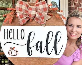 Hello Fall Door Hanger | Fall Front Door Decor | Hello Fall Wooden Door Hanger | Pumpkin Fall Door Sign