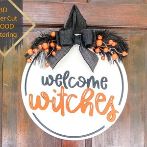 Halloween Door Decor Fall Wreath Front Door Wreath Fall Decor Entry Way Wall Decor Welcome Sign Black/Orange Witches