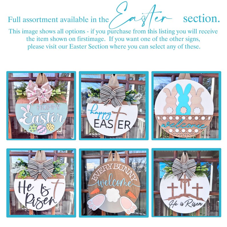 Peut inclure: Une collection de six diff&eacute;rentes d&eacute;corations de porte sur le th&egrave;me de P&acirc;ques. Les d&eacute;corations de porte sont toutes rondes et pr&eacute;sentent divers motifs, notamment des lapins, des croix et les mots "Joyeuses P&acirc;ques", "Il est ressuscit&eacute;" et "Bienvenue".