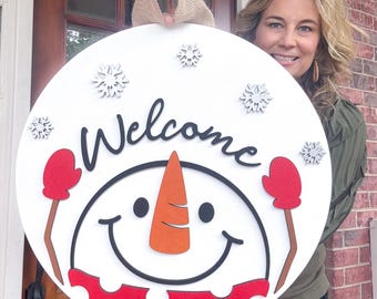 Snowman Door Hanger | Winter Front Door Decor | Wooden Welcome Door Hanger | Winter Wreath