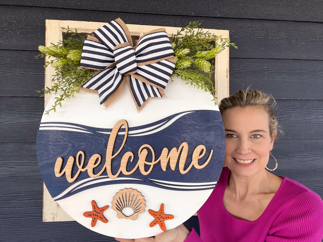 Coastal Welcome Door Hanger | Beach Front Door Decor | Wooden Front ...