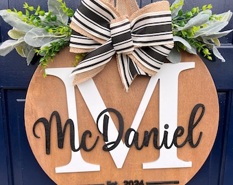 Front Door Hanger | Personalized Door Decor | Wooden Last Name Sign | Front Door Wreath | Established Sign | Anniversary Gift