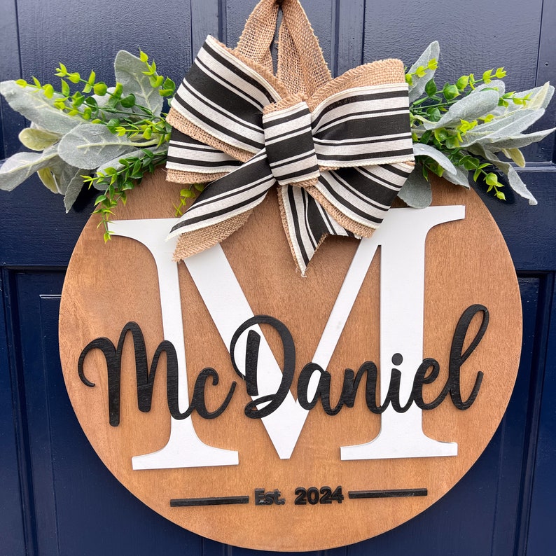 Front Door Hanger Personalized Door Decor Wooden Last Name Sign Front Door Wreath Established Sign Anniversary Gift image 2