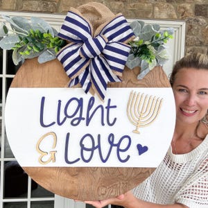 Hanukkah Door Hanger | Light & Love Front Door Decor | Wooden Hanukkah Door Hanger | Hanukkah Wreath