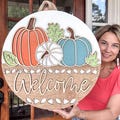 Fall Wreath Door Hanger: Welcome Pumpkin Wooden Front Door Decor