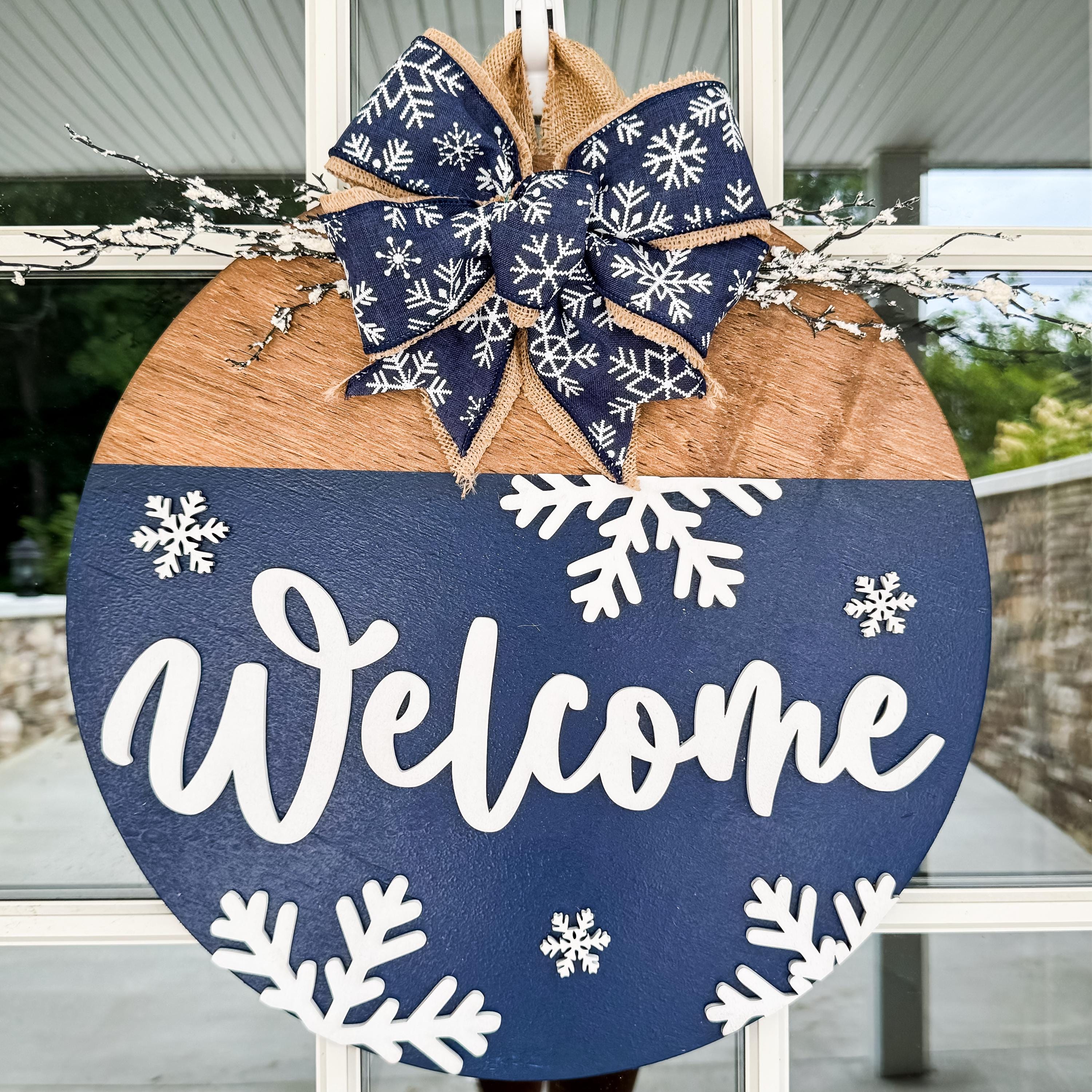Hello Winter Welcome Sign - 12"x12" Round Wood Door Hanger With Pine Trees For Front Porch Decor - View #5