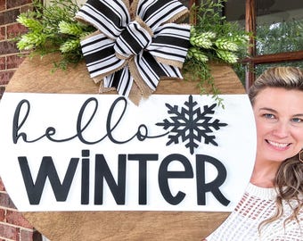 Hallo winterdeurhanger | Wintervoordeurdecoratie | Houten deurhanger | Winterkrans