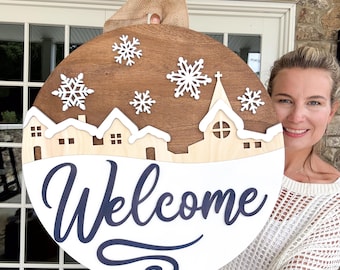 Winter Welcome Door Hanger | Winter Front Door Decor | Wooden Welcome Door Hanger | Winter Wreath